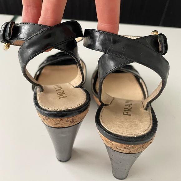 PRADA BLACK PATENT LEATHER ANKLE STRAP HIGH HEELS SHOES WITH GOLD BUCKLE - Picture 11 of 16